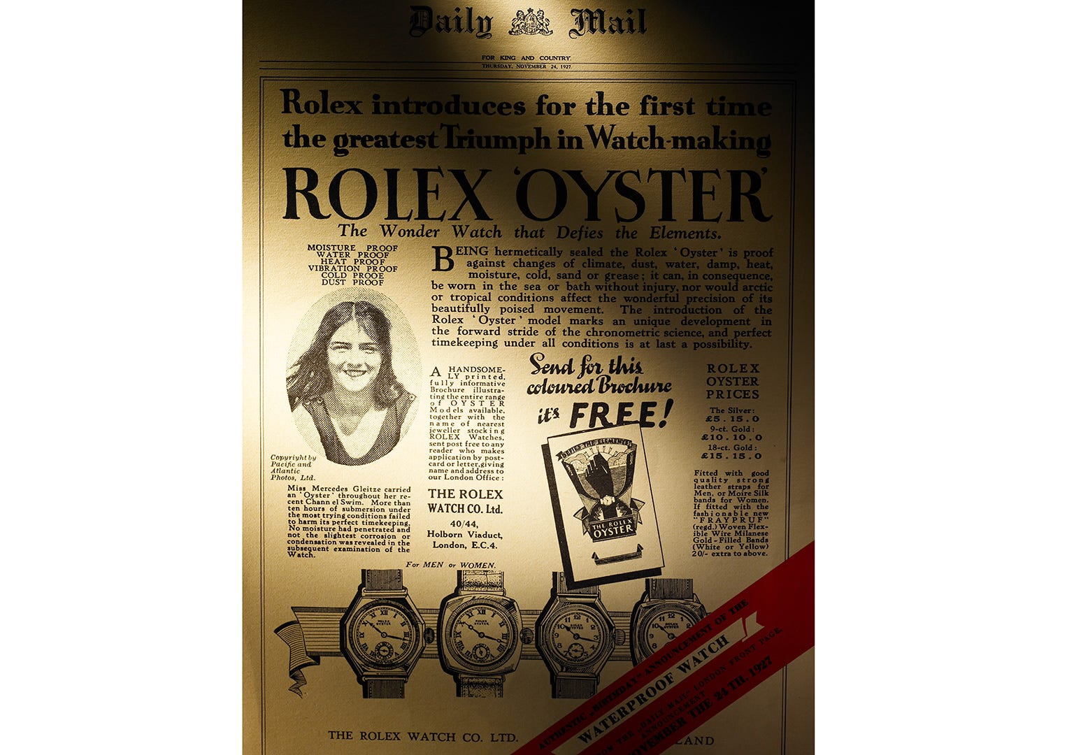 The Daily Mail advert promoting the Oyster watch and its water resistance
