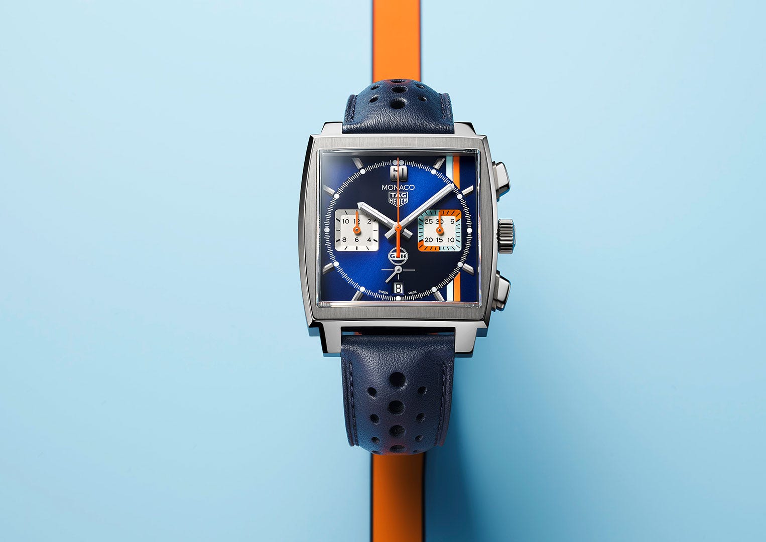 The square-cased Monaco is one of many TAG Heuer motor-themed chronographs