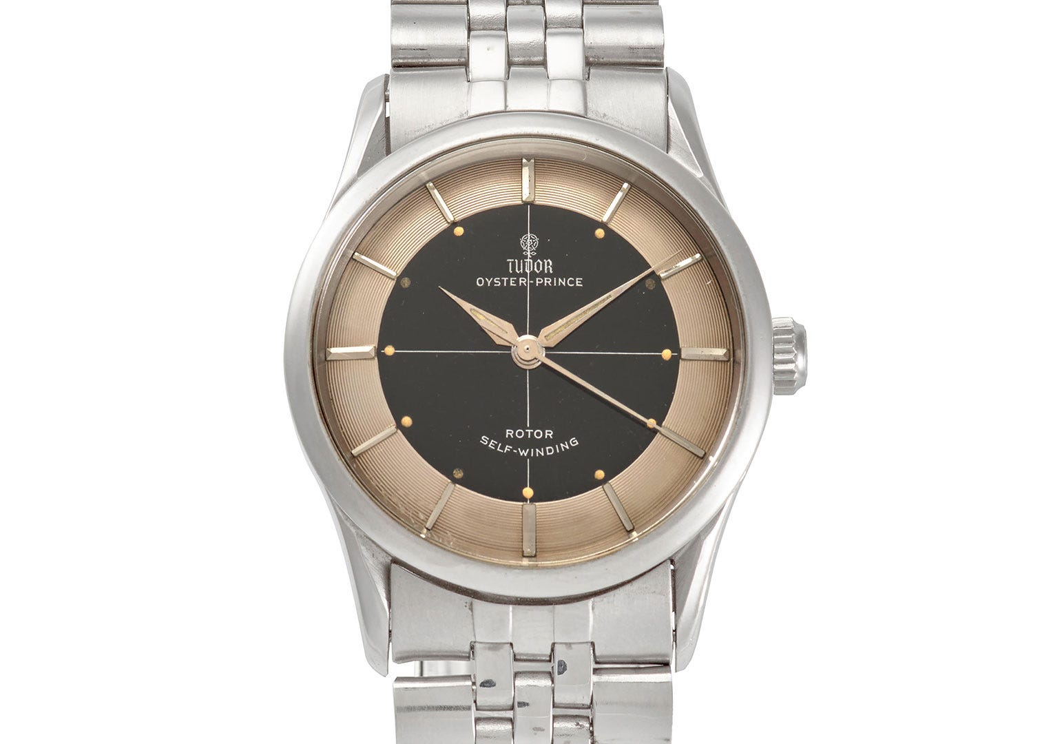Roger Sterling wore a Tudor dress watch like this one, albeit on a black strap. Image: Courtesy of Bonhams